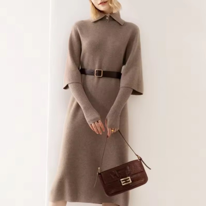 Women's high-end brand cashmere dress, thick five-sleeve lapel long dress for autumn and winter, polo collar mid-sleeve dress